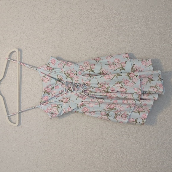 Shein MOD light blue pink ditsy floral lace up strapless mini dress - Picture 4 of 12